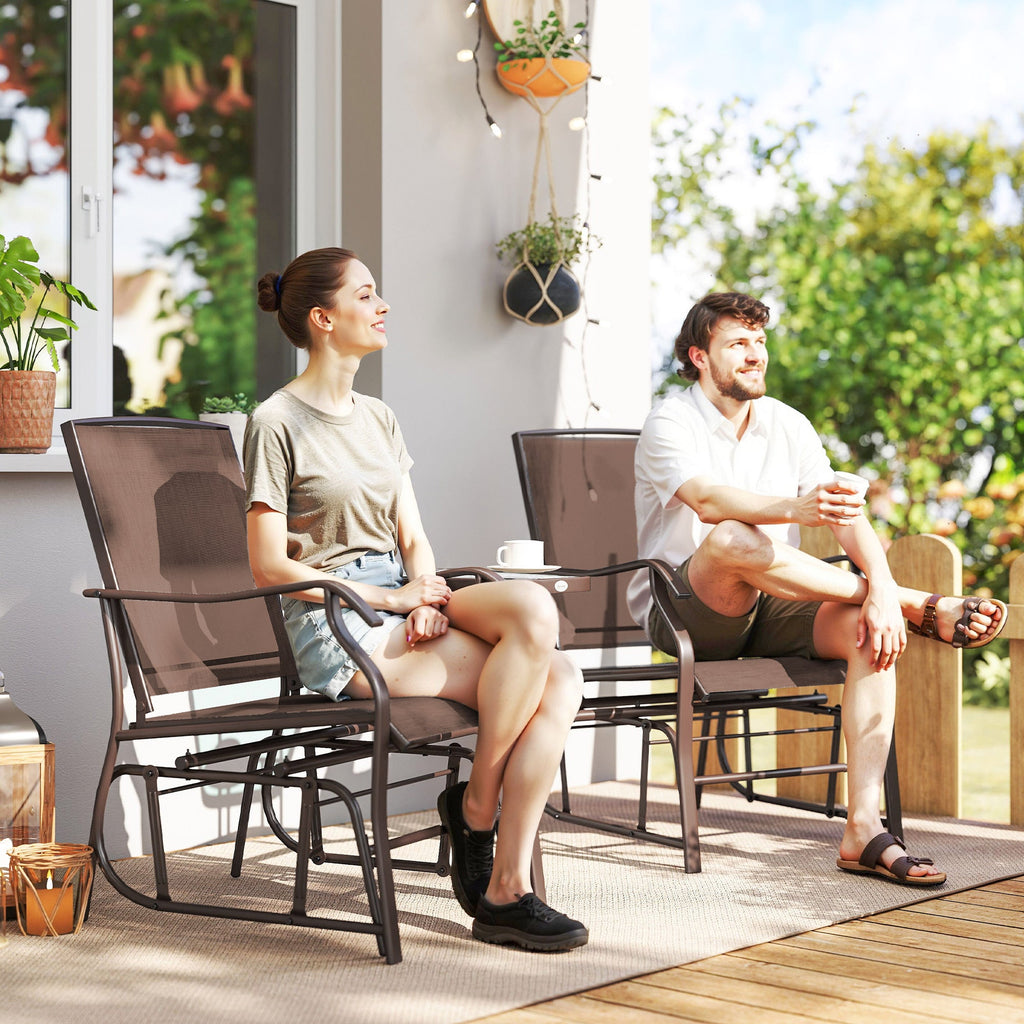 Double Patio Glider Chair with Glass Top Center Table, All Weather Breathable Mesh Fabric, Brown