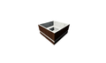 A modern square hot tub or spa with a dark brown wood-look exterior, a white marble-patterned interior, and a black water tray, shown on a plain white background.