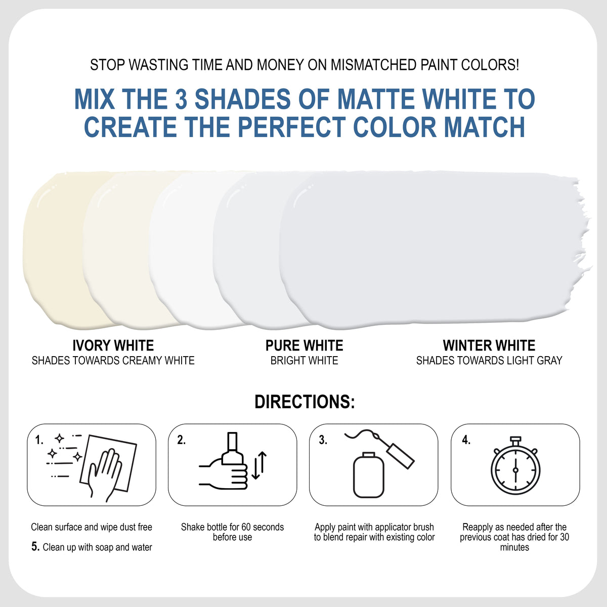 Matte White Touch-Up Paint Pen Kit - Wall, Kitchen Cabinet, Furniture, Wood Door Touch Up - 3 Color Shades, Instantly Repair & Restore Scratches, Chips, Stains - Mix to Perfect Color Match