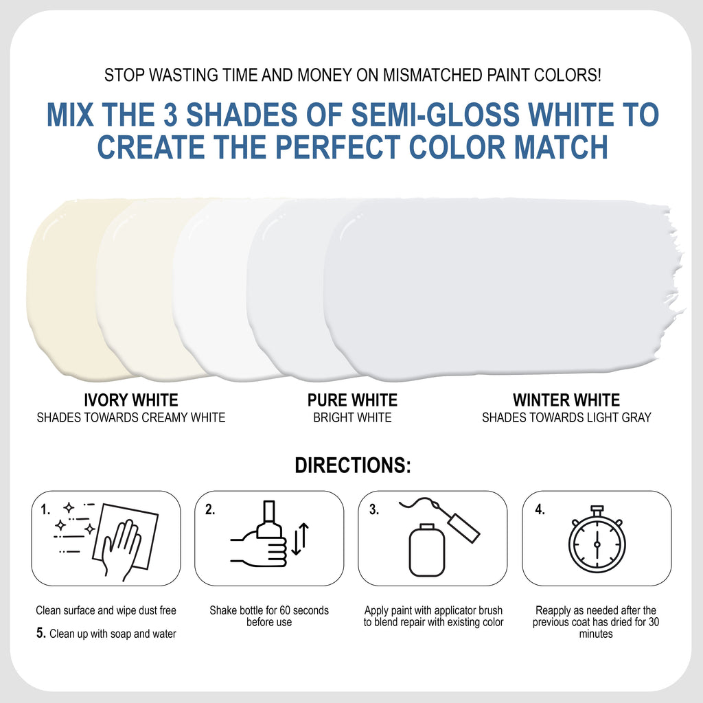 Semi-Gloss White Touch-Up Paint Pen Kit - Wall, Kitchen Cabinet, Furniture, Wood Door Touch Up - 3 Color Shades, Instantly Repair & Restore Scratches, Chips, Stains - Mix Perfect Color Match