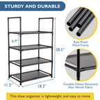4 Tier Shoe Organizer, Sturdy Stackable Shoe Rack for Closet, Bedroom, Entryway, Garage, Non Woven Fabric Shelf, Black, Holds 8-12 Pairs