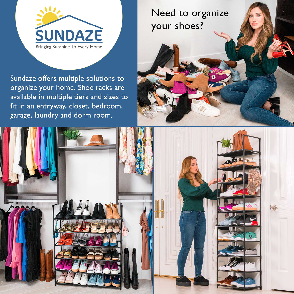 2 Tier Shoe Organizer, Sturdy Long Shoe Rack for Closet, Bedroom, Entryway, Garage, Non Woven Fabric Shelf, Black, Holds Up to 10 Pairs