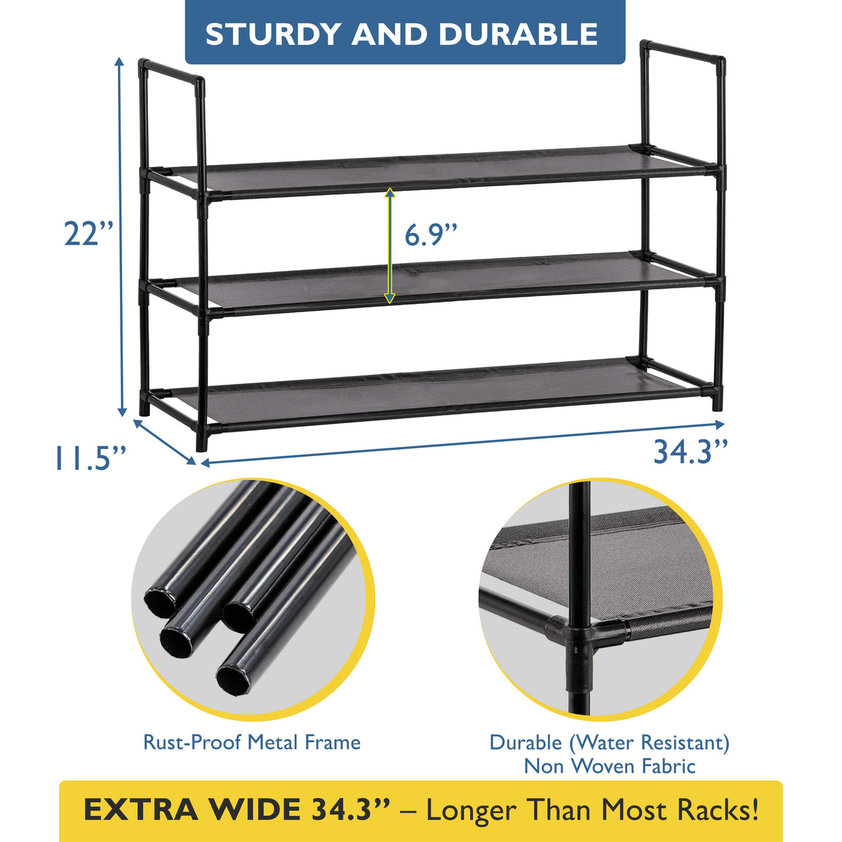 3 Tier Shoe Organizer, Sturdy Long Shoe Rack for Closet, Bedroom, Entryway, Garage, Non Woven Fabric Shelf, Black, Holds Up to 15 Pairs