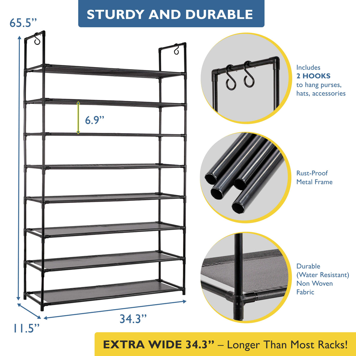 8 Tier Shoe Organizer, Sturdy Tall Shoe Rack for Closet, Bedroom, Entryway, Garage, Non Woven Fabric Shelf, Black, Holds Up to 40 Pairs