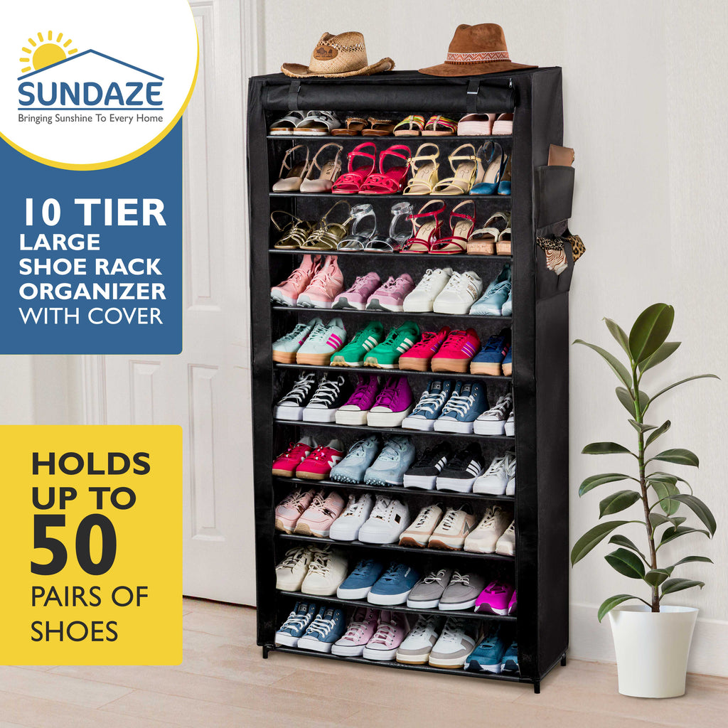 10 Tier Shoe Organizer, Sturdy Tall Shoe Rack for Closet, Bedroom, Garage, Non Woven Fabric Shelf, Black, Holds Up to 50 Pairs