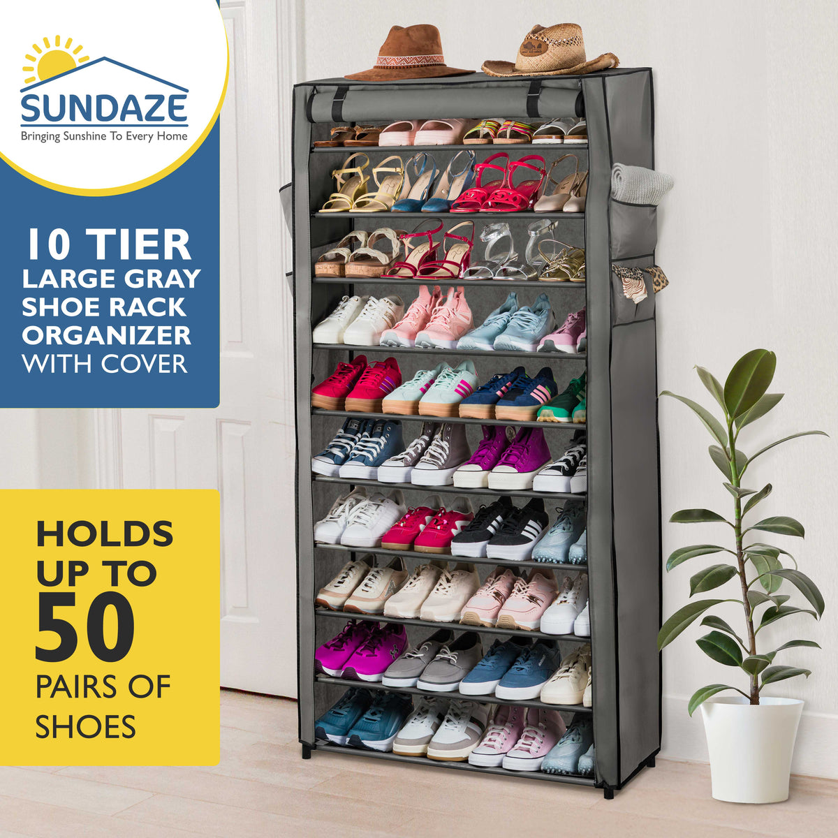 10 Tier Shoe Organizer, Sturdy Tall Shoe Rack for Closet, Entrance, Garage, Non Woven Fabric Shelf, Grey, Holds Up to 50 Pairs