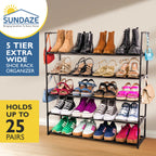5 Tier Metal Shoe Organizer, Sturdy Long Shoe Rack for Closet, Bedroom, Entryway, Garage, Black Metal, Holds Up to 25 Pairs