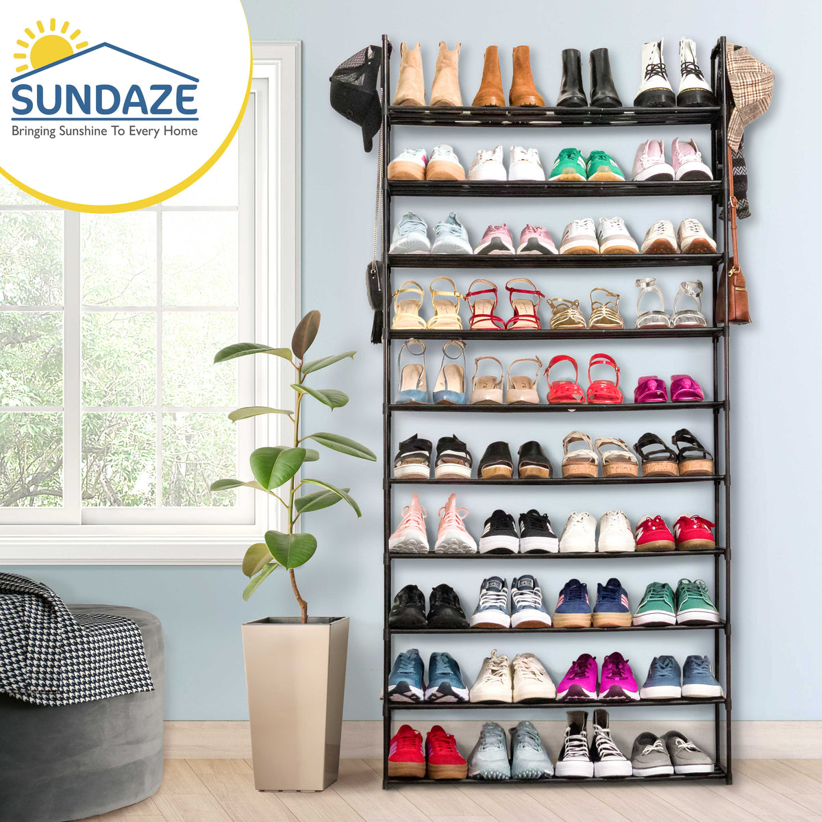10 Tier Metal Shoe Organizer, Sturdy Tall Shoe Rack for Closet, Bedroom, Entryway, Garage, Black Metal, Holds Up to 50 Pairs