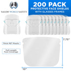 200 Safety Face Shields with Glasses Frames (20 Packs of 10) - Ultra Clear Protective Full Face Shields, Protect Eyes Nose Mouth, Anti-Fog PET Plastic