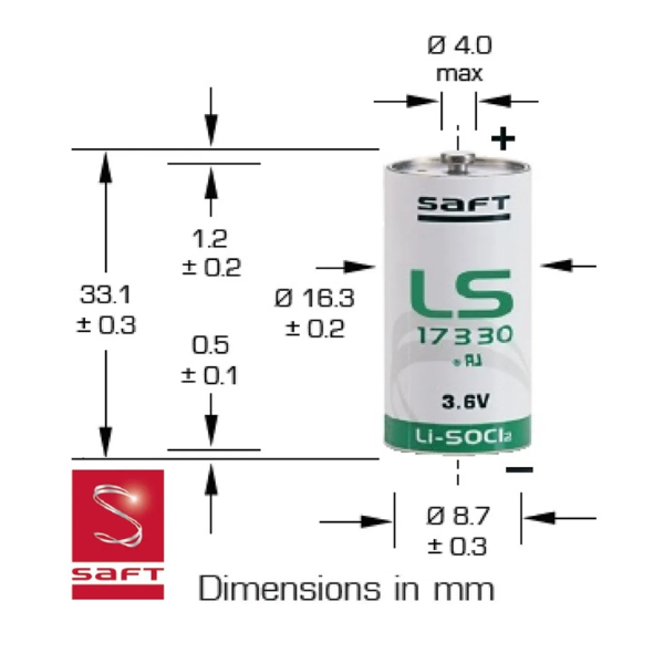 Saft LS17330 Lithium Thionyl Chloride 3.6V 2/3A Battery - Bobbin Type (Non-Rechargeable)