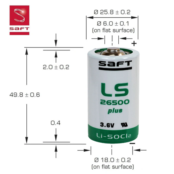 Saft LS26500 C Size High Capacity 3.6V Lithium Thionyl Chloride Battery - Bobbin Type (Non-Rechargeable)