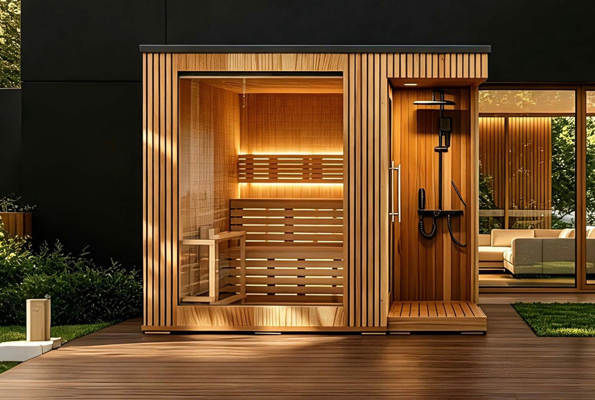 Outdoor Cabin Sauna with Shower — Red Cedar / Thermo Pine Wood | 3-4 Person