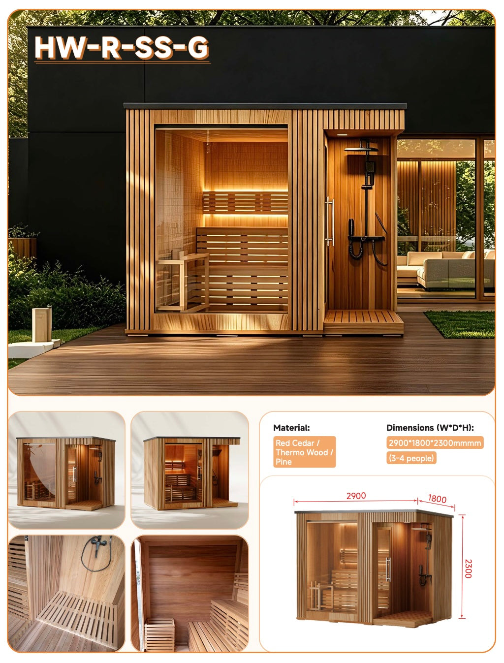 Outdoor Cabin Sauna with Shower — Red Cedar / Thermo Pine Wood | 3-4 Person