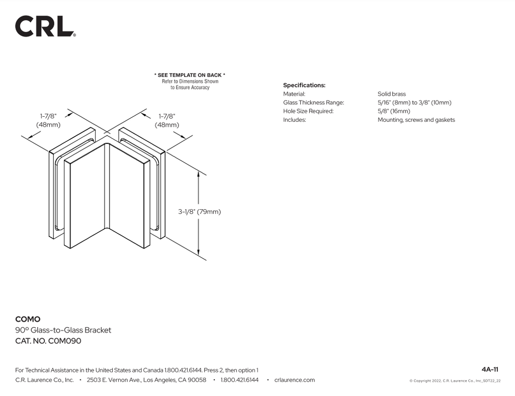 CRL Como Series Glass-to-Glass Bracket