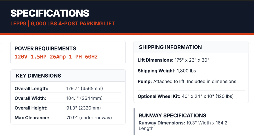 Daytona LFPP9 9,000lb Capacity Four Post Parking Lift