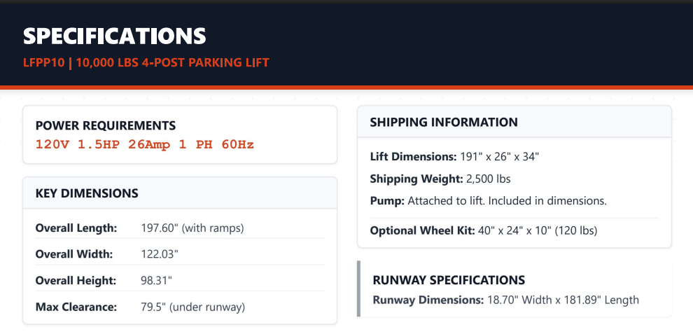 Daytona LFPP10 10,000lb Capacity Four Post Storage Lift