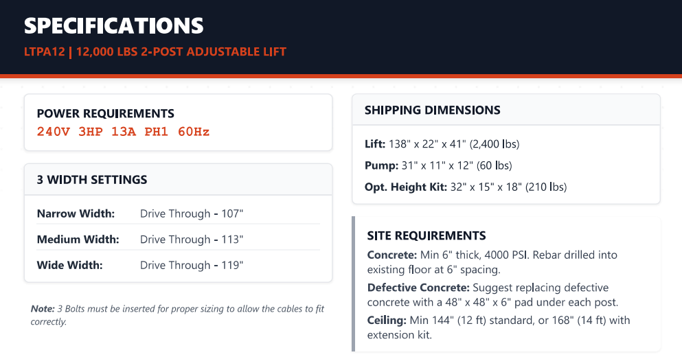 Daytona LTPA12 12,000LB Capacity Adjustable Two Post Lift