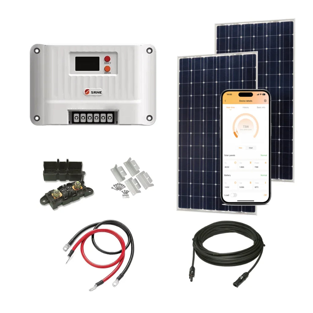 Victron 380 Watt Solar Panel & SRNE MPPT Shiner 2430 Charge Controller, Cable, Mounting & Gland.