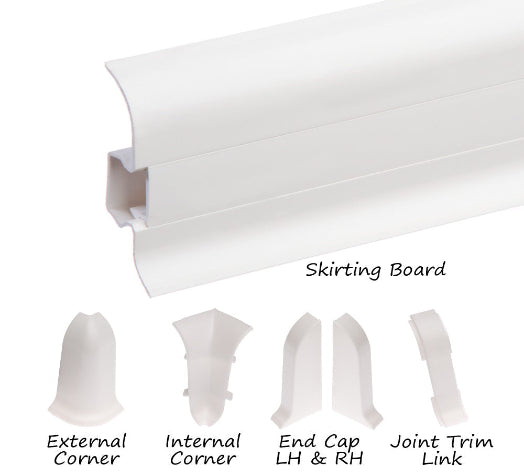 A white plastic skirting board designed with a wire cover feature
