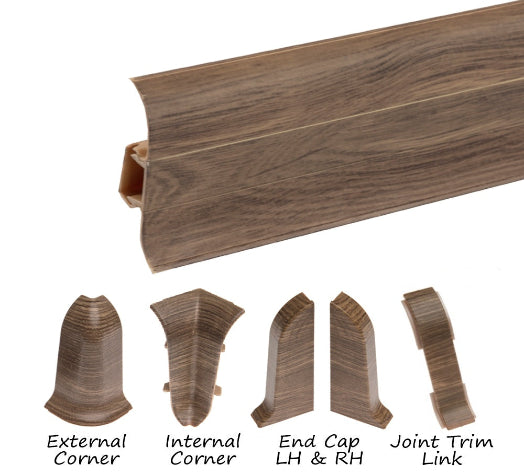 A oak plastic skirting board designed with a wire cover feature