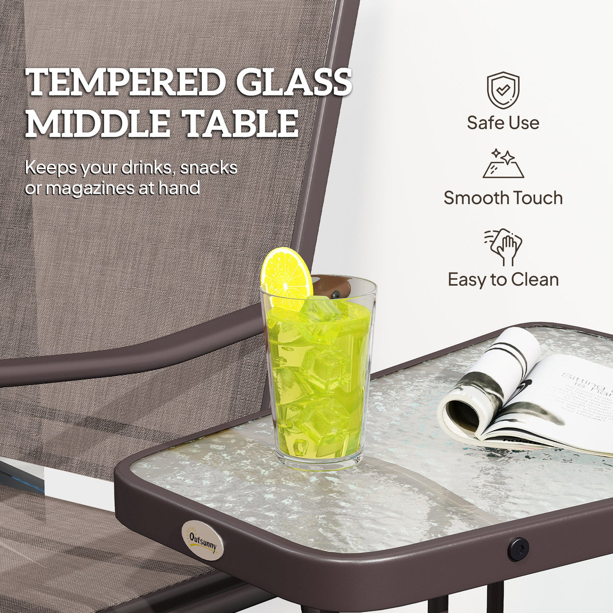 Double Patio Glider Chair with Glass Top Center Table, All Weather Breathable Mesh Fabric, Brown