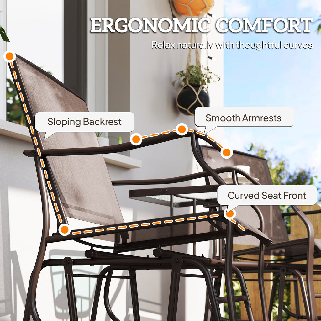 Double Patio Glider Chair with Glass Top Center Table, All Weather Breathable Mesh Fabric, Brown
