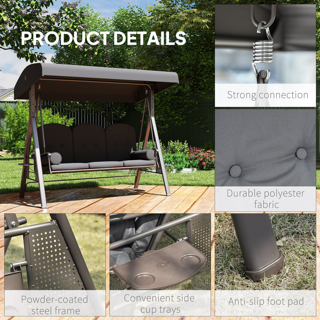 3 Seater Canopy Swing Chair with Cushions & Cup Trays, Dark Grey