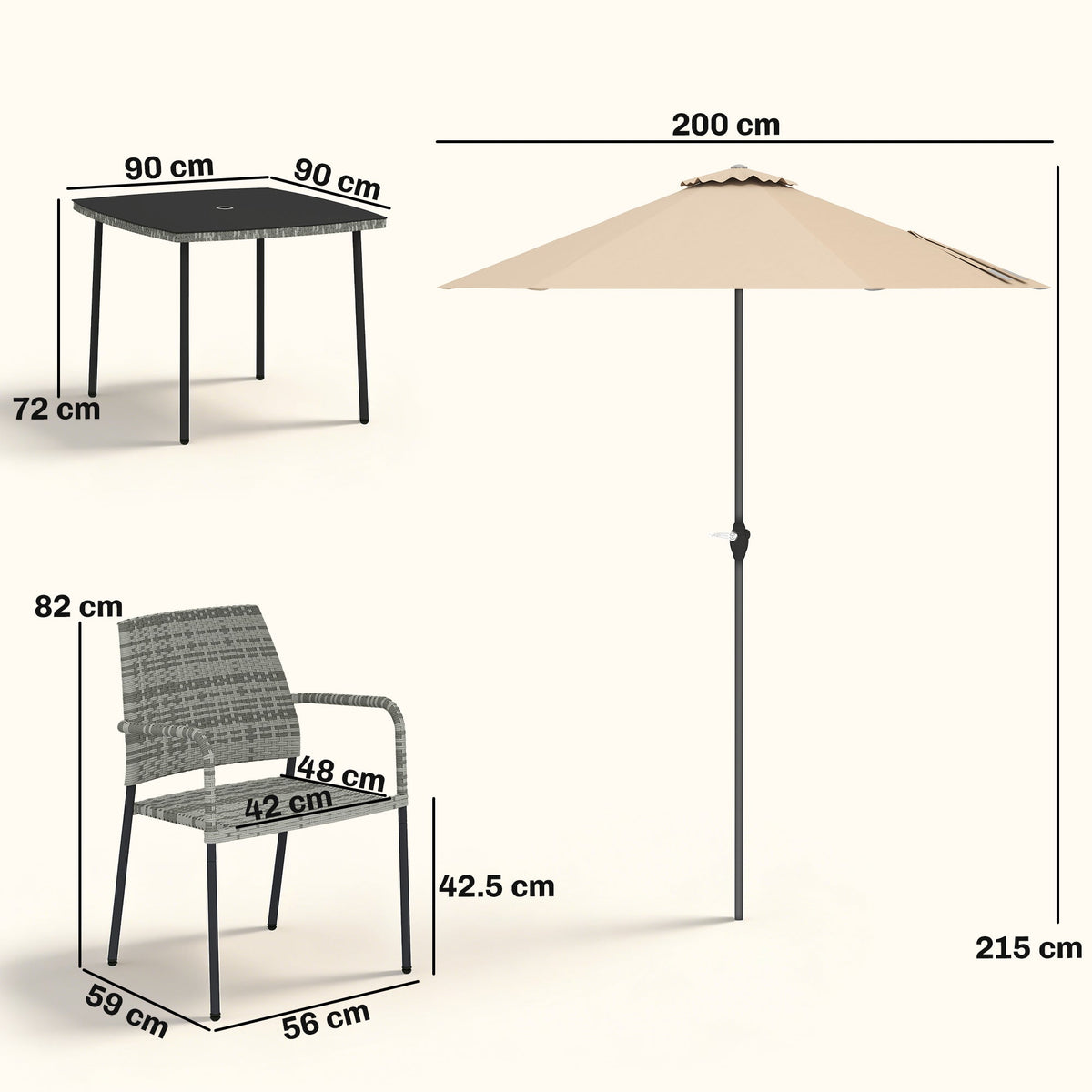 Outsunny 4 Seater Rattan Dining Set with Parasol, 6 Piece Garden Table and Stackable Chairs with Tempered Glass Tabletop