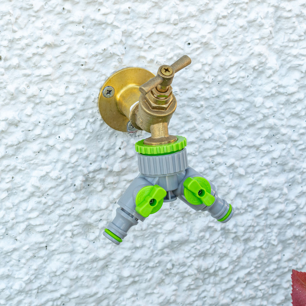 2-Way Tap Connector With Valves 1" or 3/4" BSP Female, Green/Gray