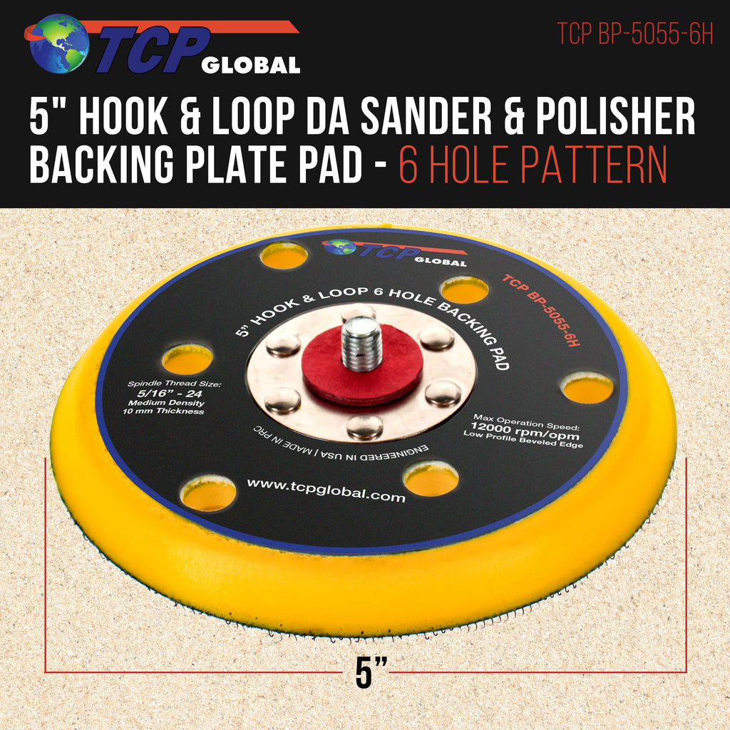 5" DA Sander & Polisher Backing Plate Pad, Hook & Loop, 6 Hole Pattern Dustless - Dual-Action Random Orbital Sanding, Auto Wood Sandpaper