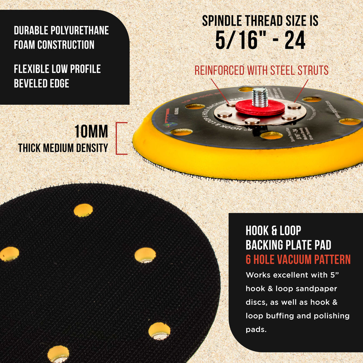 5" DA Sander & Polisher Backing Plate Pad, Hook & Loop, 6 Hole Pattern Dustless - Dual-Action Random Orbital Sanding, Auto Wood Sandpaper