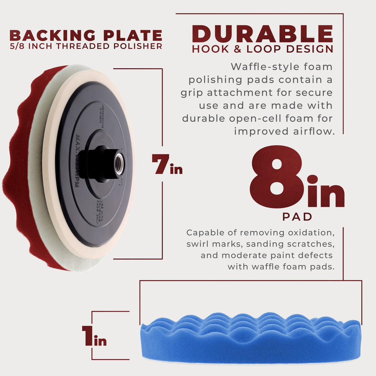 Professional 3 Pad Buffing and Polishing Kit with 8 Inch Waffle Foam Pads for Car Detailing - Complete Polisher Buffing Pad Set with 5/8" Threaded