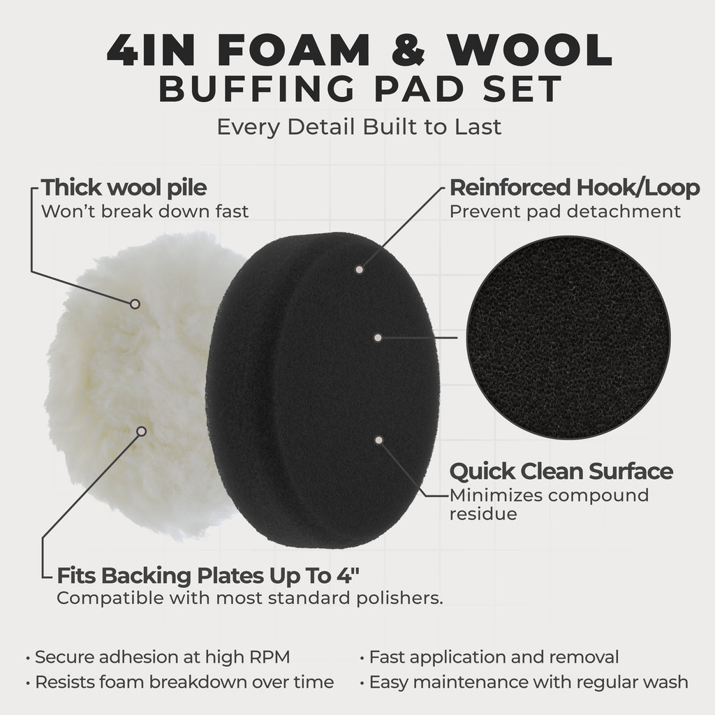 4 Inch Buffing Pads Set - 5 Smooth Flat Foam Buffer Pads & 1 Wool Pad for Orbital Buffers, DA Polish Pad for Paint Correction, Polishing Kit
