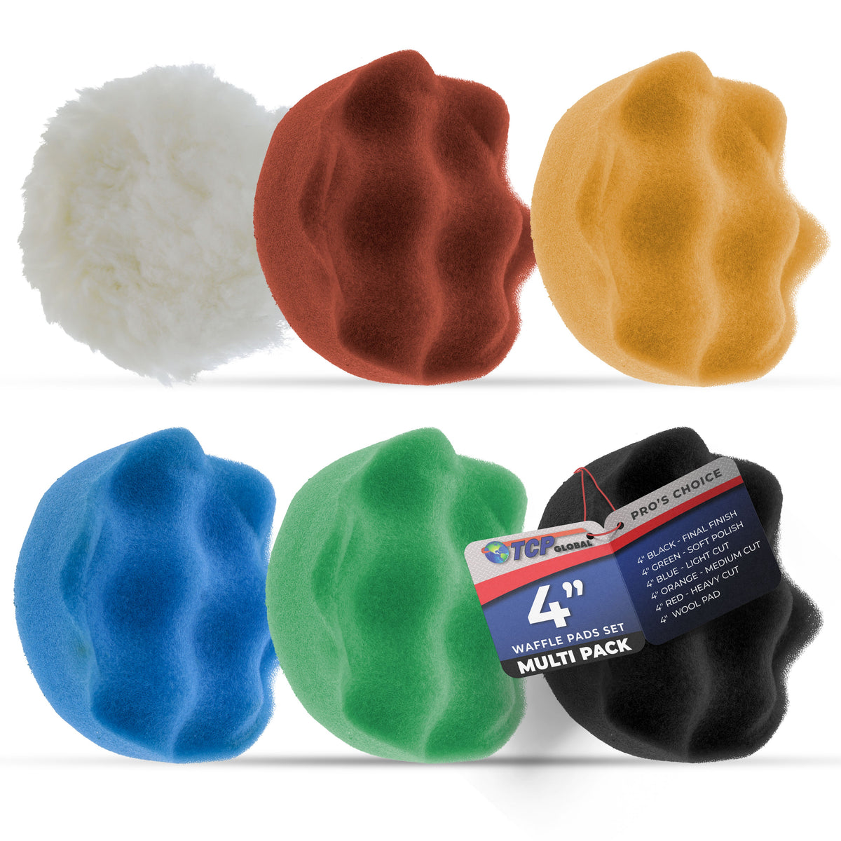 4 Inch Buffing Pads Set - 5 Waffle Foam Buffer Pads & 1 Wool Pad for Orbital Buffers, DA Polish Pad for Paint Correction, Polishing Kit