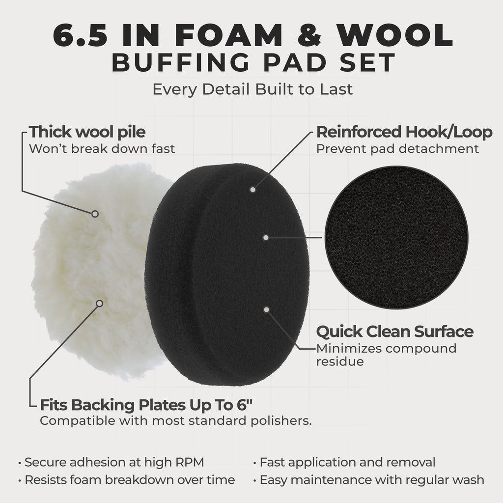 6.5 Inch Buffing Pads Set - 5 Smooth Flat Foam Buffer Pads & 1 Wool Pad for Orbital Buffers, DA Polish Pad for Paint Correction, Polishing Kit