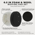 6.5 Inch Buffing Pads Set - 5 Smooth Flat Foam Buffer Pads & 1 Wool Pad for Orbital Buffers, DA Polish Pad for Paint Correction, Polishing Kit