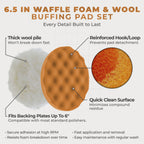 6.5 Inch Buffing Pads Set - 5 Waffle Foam Buffer Pads & 1 Wool Pad for Orbital Buffers, DA Polish Pad for Paint Correction, Polishing Kit