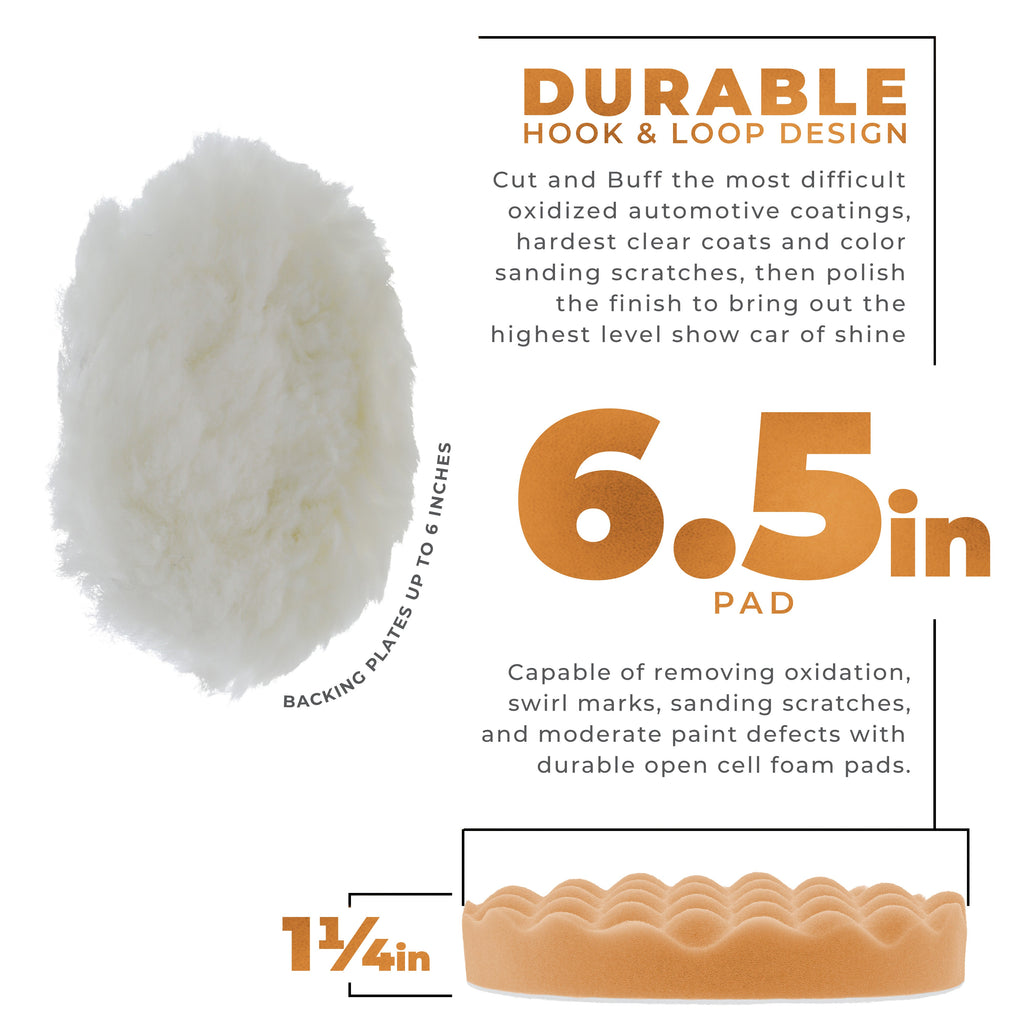 6.5 Inch Buffing Pads Set - 5 Waffle Foam Buffer Pads & 1 Wool Pad for Orbital Buffers, DA Polish Pad for Paint Correction, Polishing Kit