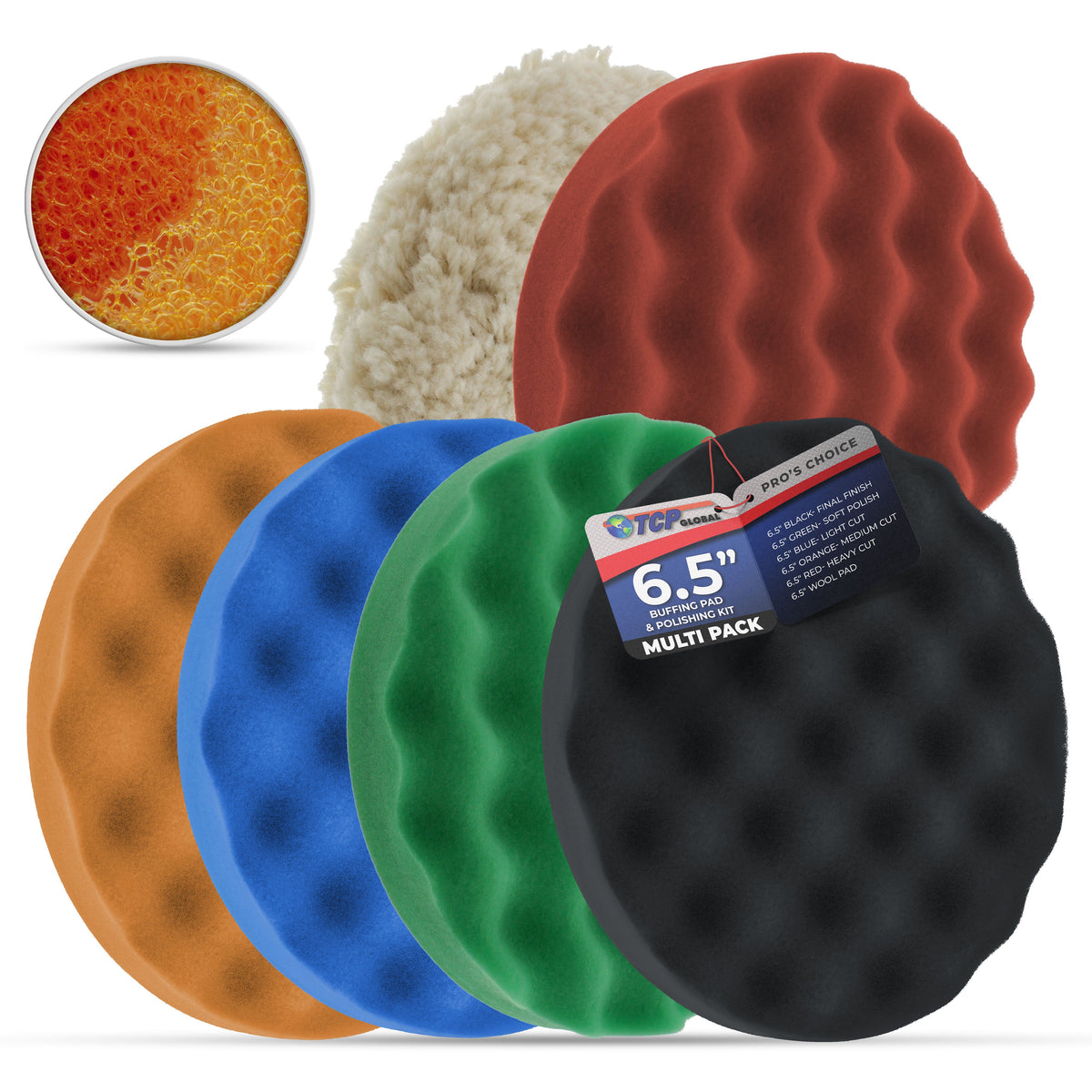 6.5 Inch Buffing Pads Set - 5 Waffle Foam Buffer Pads & 1 Wool Pad for Orbital Buffers, DA Polish Pad for Paint Correction, Polishing Kit