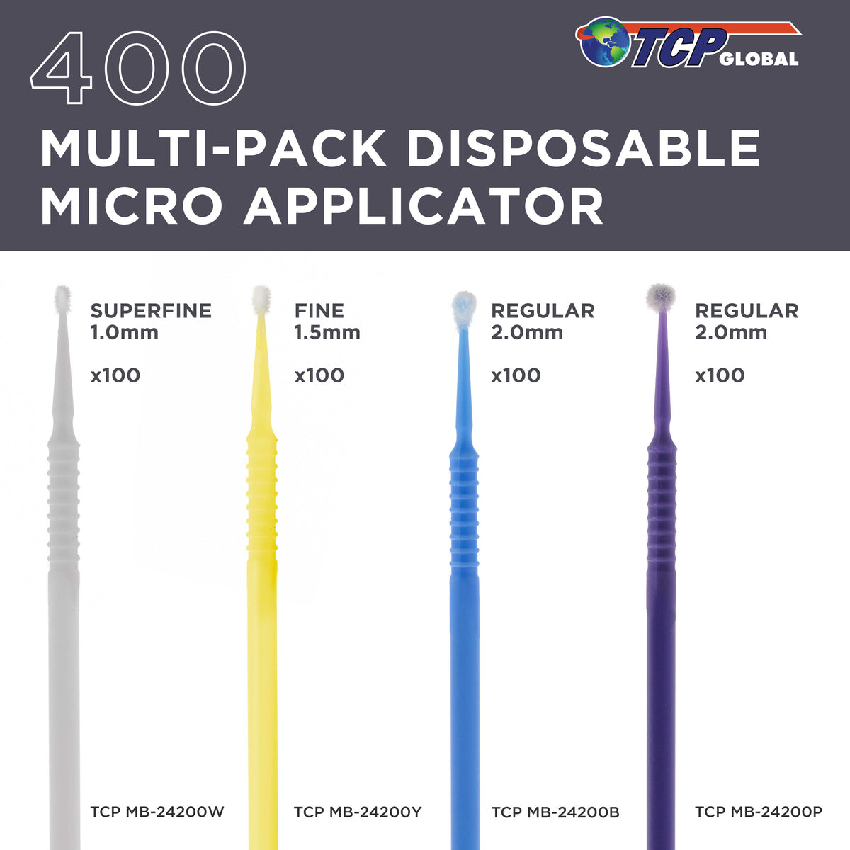 400 Eyelash Extension Micro Brushes - Brush Applicator Tip Sizes 1.0 mm Superfine White, 1.5 mm Fine Yellow, 2.0 mm Medium Blue & Purple