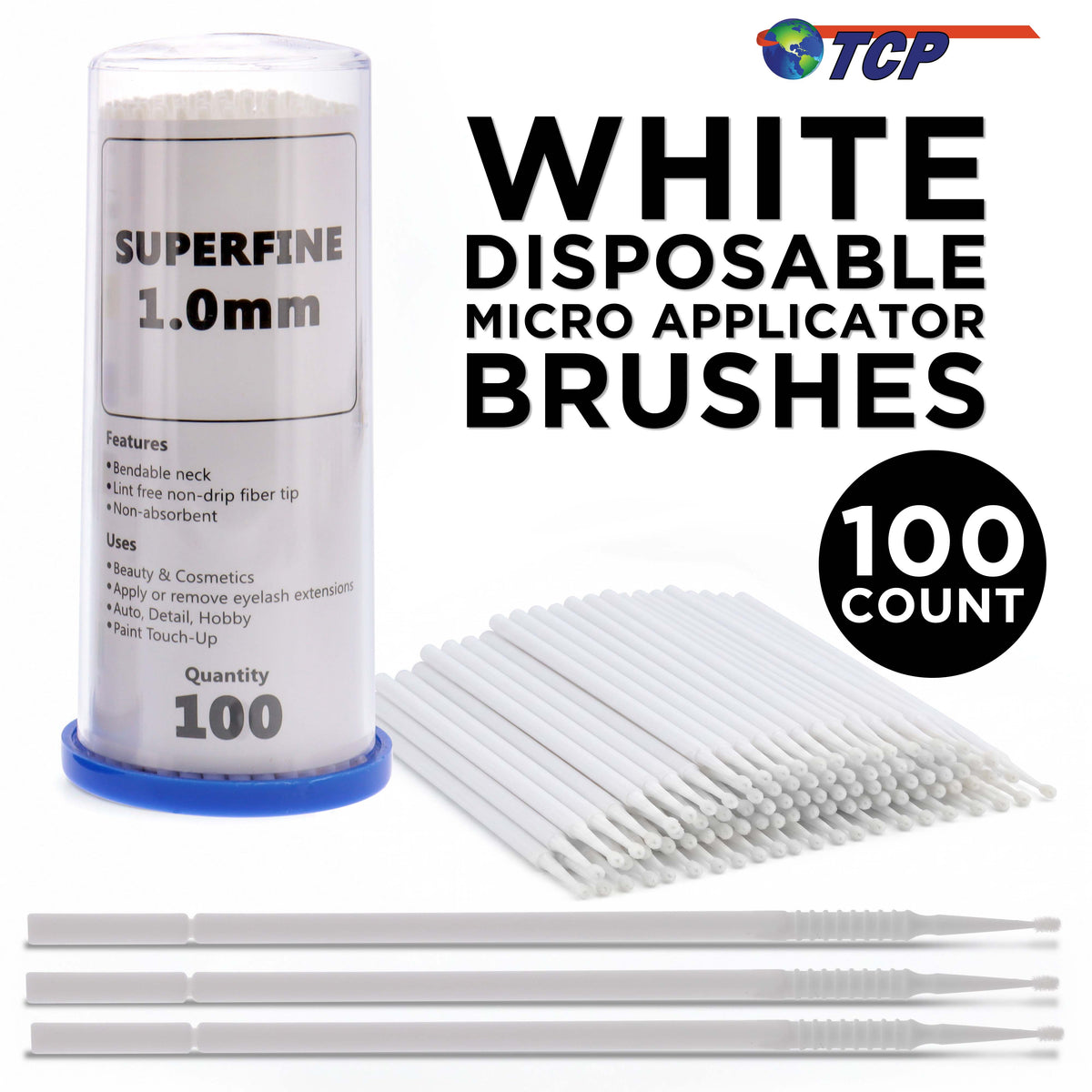 Paint Touch Up Micro Brushes, 100 Superfine 1.0 mm Tip Size White Brush Applicators - Auto Body Shop, Auto Car Detailing, Hobby