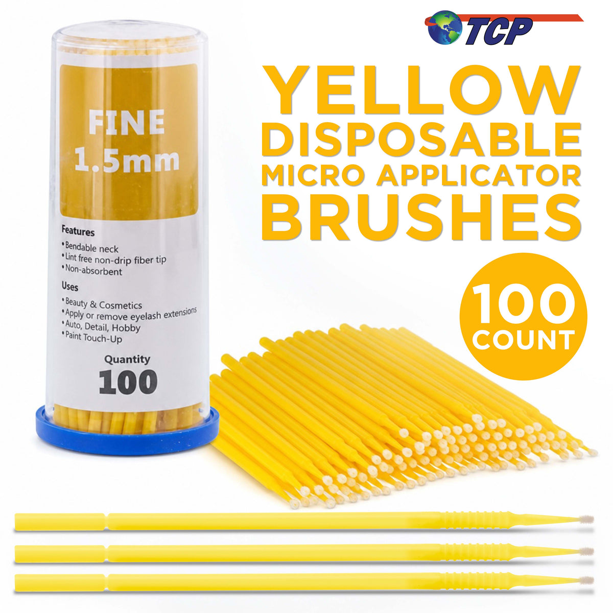 Paint Touch Up Micro Brushes, 100 Fine 1.5 mm Tip Size Yellow Brush Applicators - Auto Body Shop, Auto Car Detailing, Hobby