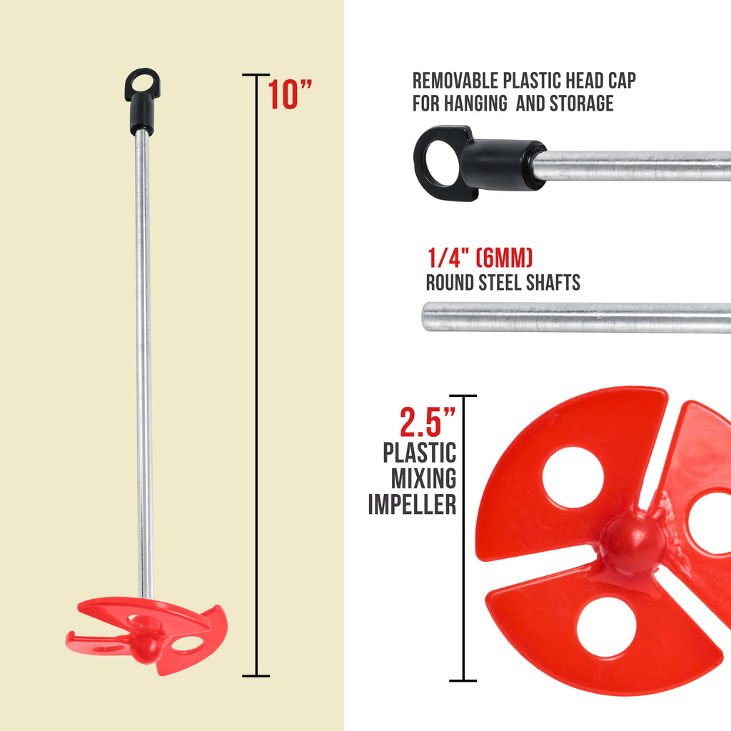 Paint Mixer Attachment (Set of 2) - 10" Drill Paddle Mixer with 1/4" Round Shafts, 2.5" Plastic Paddles - Mix 1 Quart to 1 Gallon of Paint, Epoxy