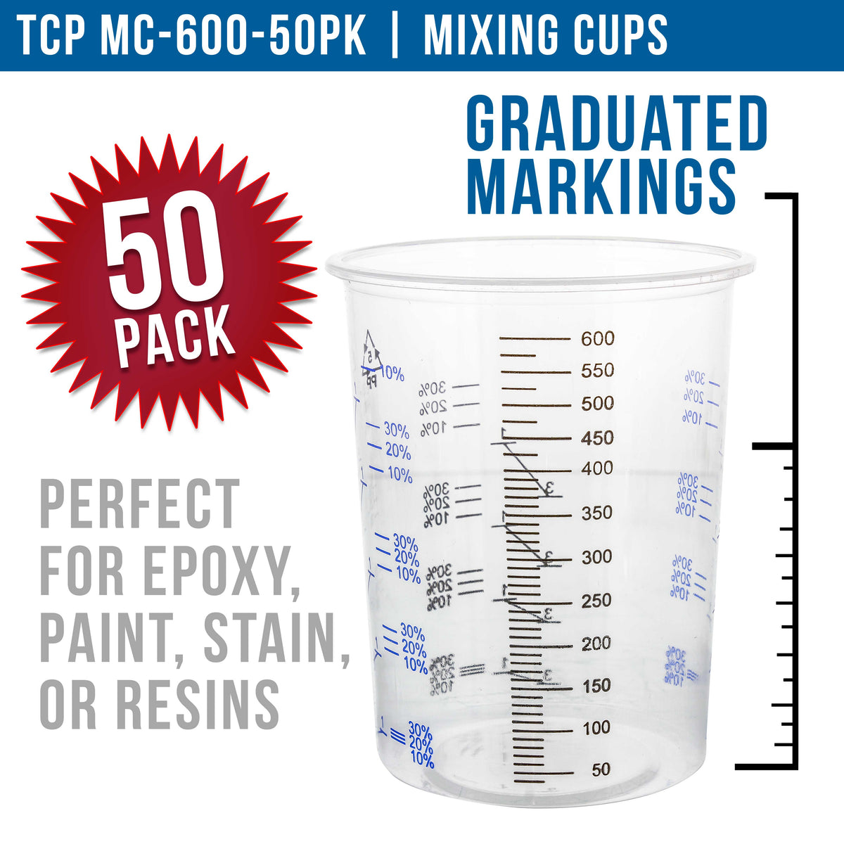 20 Ounce (600ml) Disposable Flexible Clear Graduated Plastic Mixing Cups - Box of 50 Cups - Use for Paint, Resin, Epoxy, Art, Kitchen