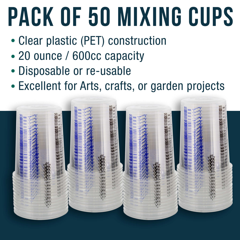 20 Ounce (600ml) Disposable Flexible Clear Graduated Plastic Mixing Cups - Box of 50 Cups - Use for Paint, Resin, Epoxy, Art, Kitchen