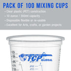 10 oz. (300ml) Graduated Plastic Mixing Cups - Box of 100 with 50 Mixing Sticks - Disposable Plastic Measuring Cups for Liquids, Paints, Resin