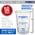 10 oz. (300ml) Graduated Plastic Mixing Cups - Box of 50 with 50 Mixing Sticks - Disposable Plastic Measuring Cups for Liquids, Paints, Resin, Epoxy