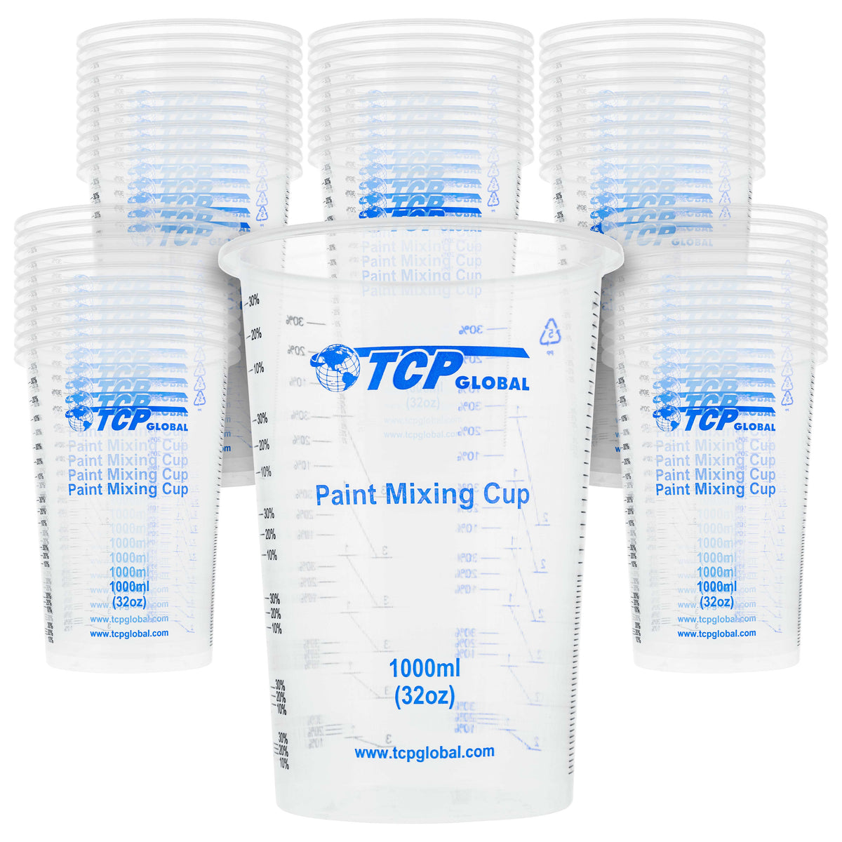 32 oz. (1000ml) Graduated Plastic Mixing Cups (Box of 50) - Disposable Plastic Measuring Cups for Liquids, Paints, Resin, Epoxy, Art, Kitchen