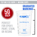 32 oz. (1000ml) Graduated Plastic Mixing Cups (Box of 50) - Disposable Plastic Measuring Cups for Liquids, Paints, Resin, Epoxy, Art, Kitchen