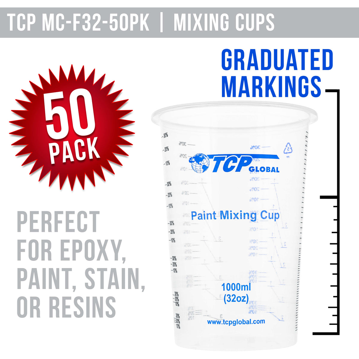 32 oz. (1000ml) Graduated Plastic Mixing Cups (Box of 50) - Disposable Plastic Measuring Cups for Liquids, Paints, Resin, Epoxy, Art, Kitchen